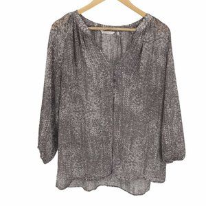 Zoa New York Boho Peasant Blouse L Gray Snakeskin Long Sleeve V Neckline Sheer